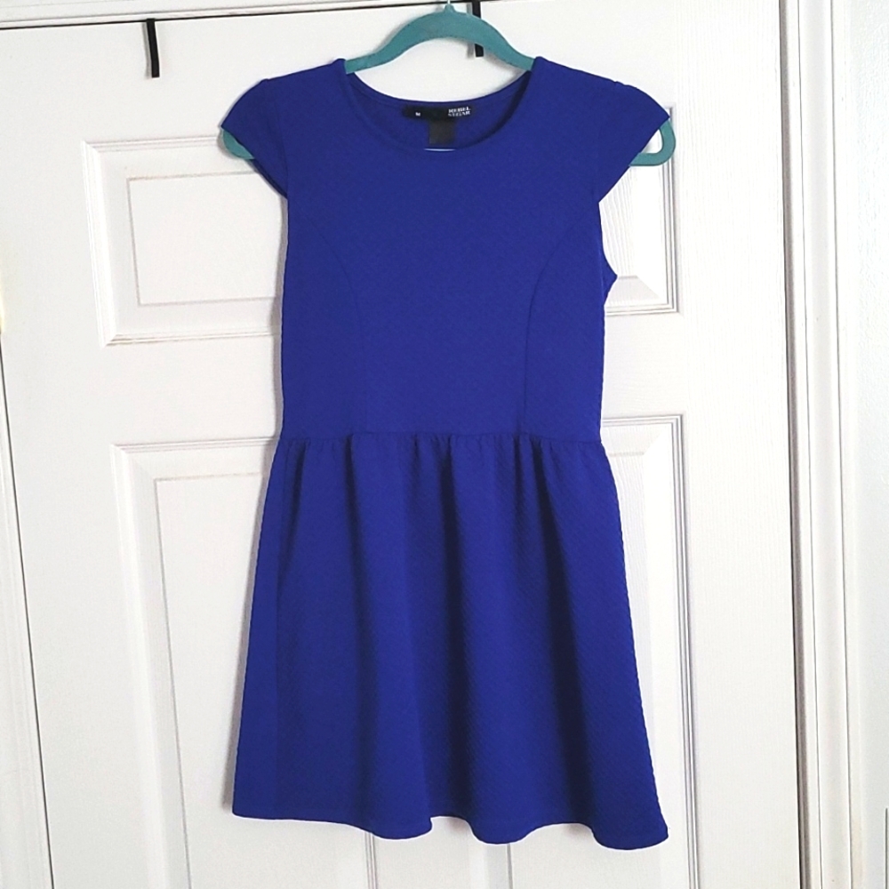Bright cobalt blue cap sleeve flare skater dress